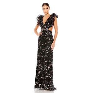 Mac Duggal Sequin Embellished Ruffle Shoulder Lace-Up Back Sheath Gown
